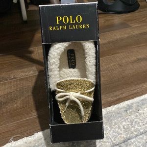 BNIB Gold Glitter Polo Ralph Lauren Slippers Girl’s Size 4